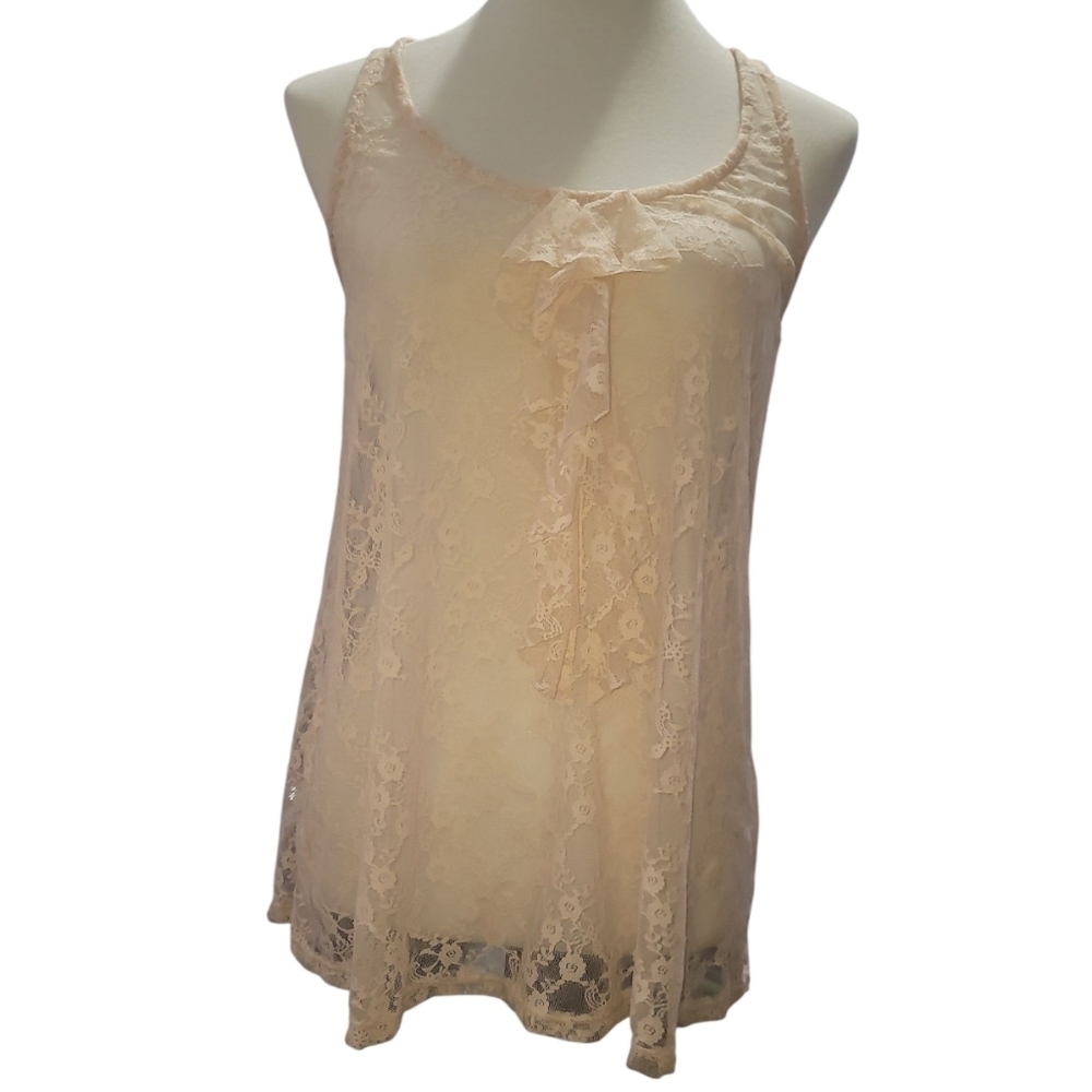 xhilaration stretch cream floral lace ruffle tank top blouse shirt medium